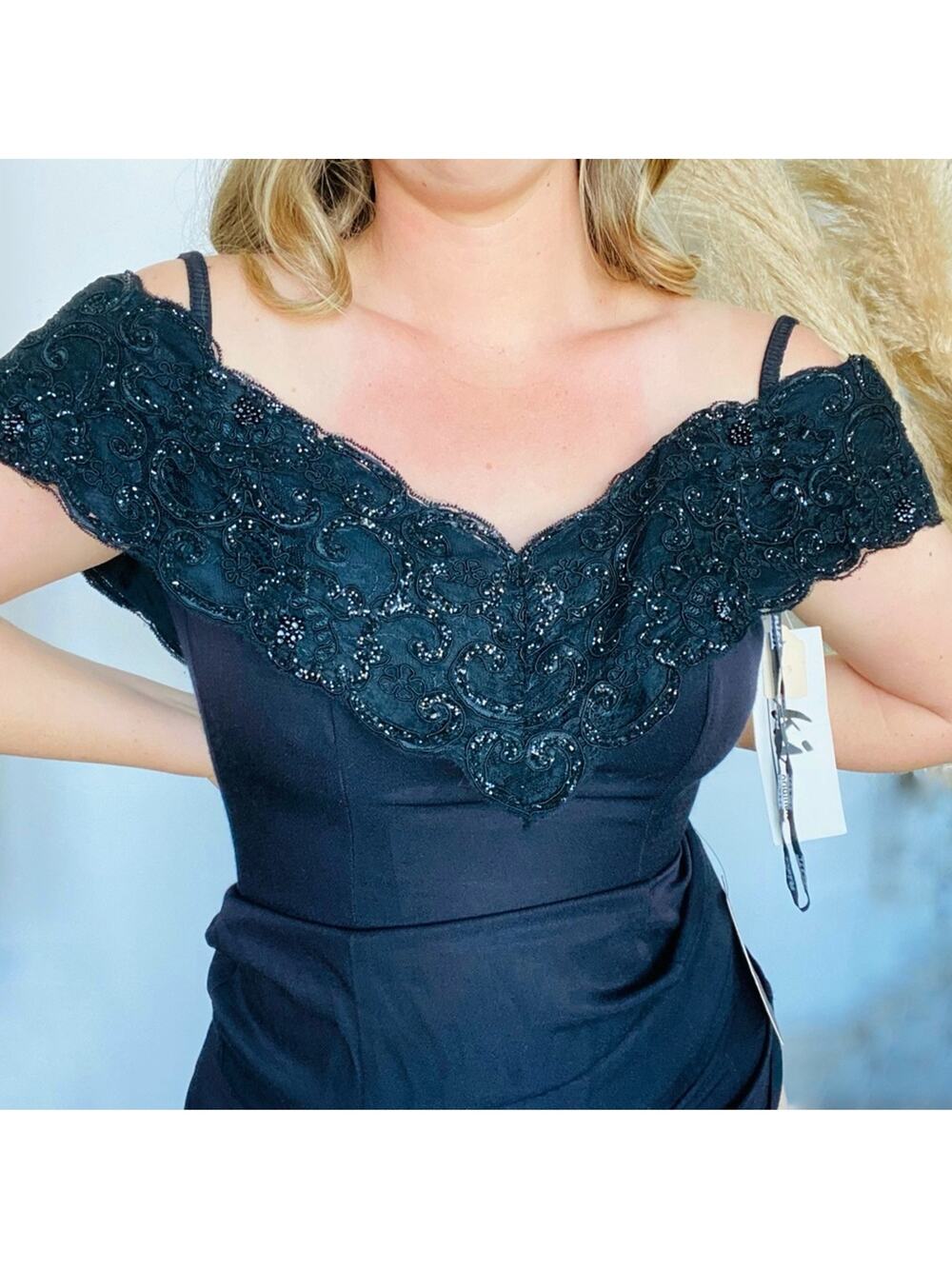 NEW VINTAGE Black Sequin Off Shoulder Tank Top Mini Formal Dress Bodycon 4 90s